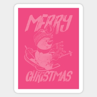 Skiing Snowman - Merry Christmas - Pink Magnet